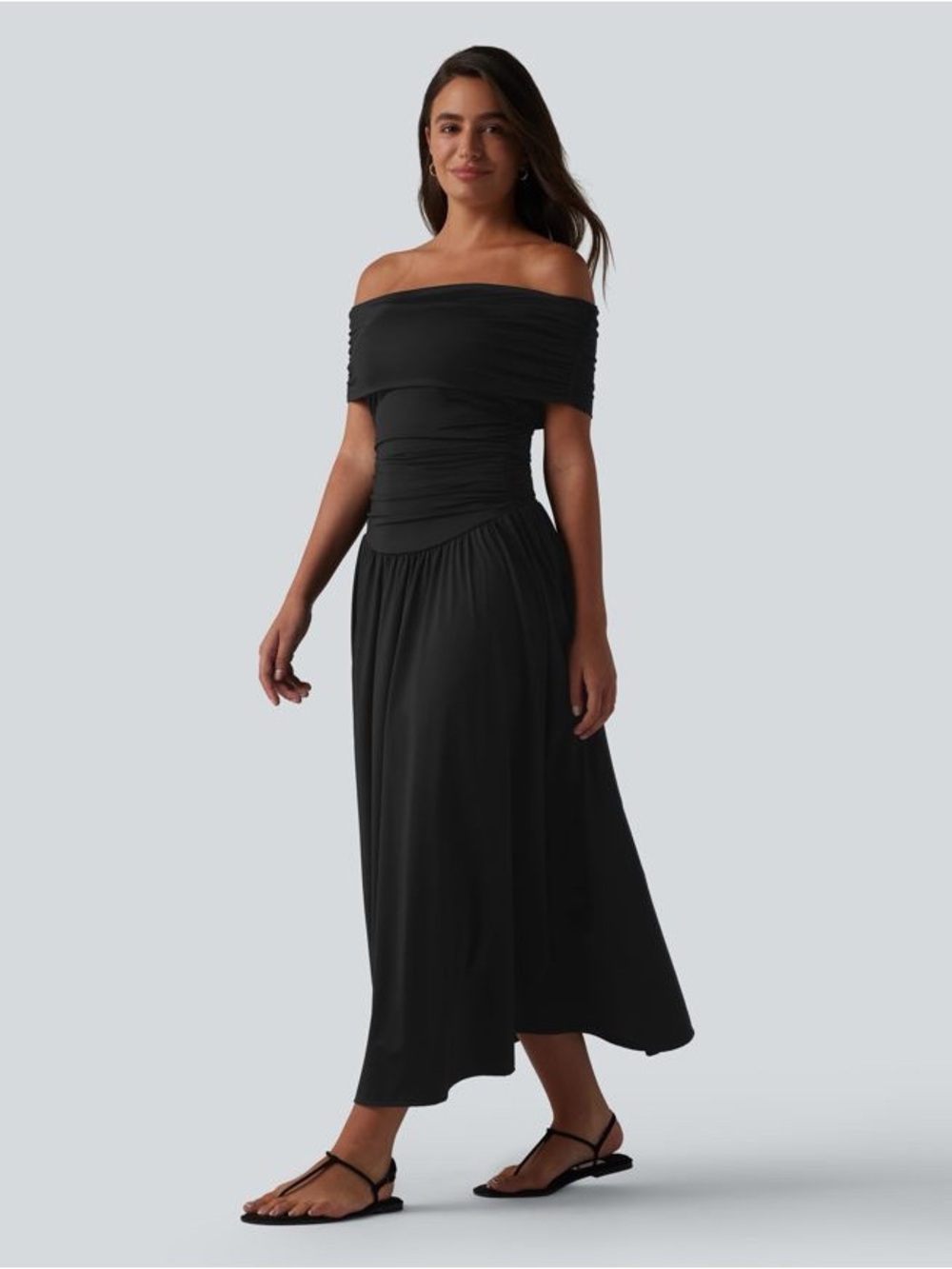 HALARA S Off-shoulder Tummy Control Ruched Built-in Bra Maxi Flowy Casual Dress